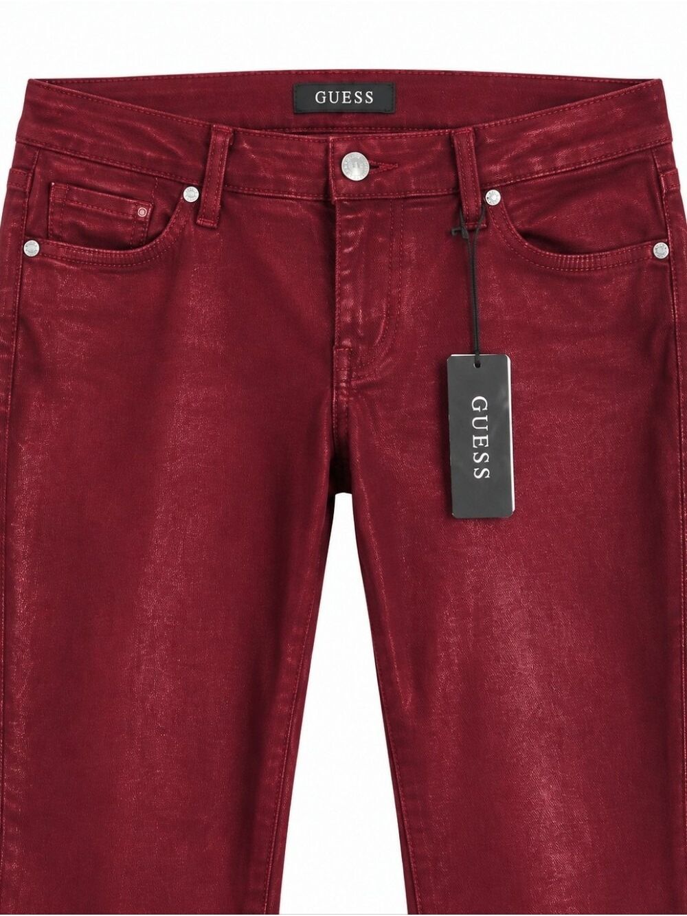GUESS Sexy Flare Jeans Women 31x30 Tahiti Red Coated Metallic NWT $128 - Picture 7 of 11